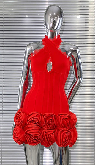 louise Halter Neck Flower Bandage Mini Dress in red