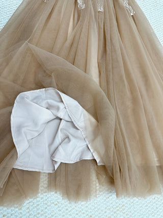 elvira Sequin lace crochet patchwork mesh maxi dress in brown