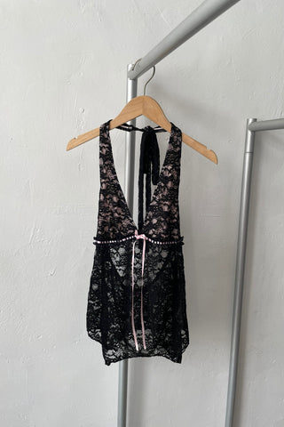 backless Sheer Lace Halter Top in black