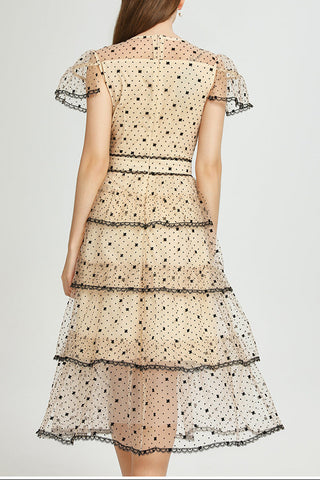 floral Embroidery pleated mesh midi dress in apricot