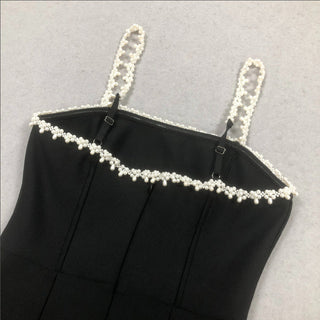 pearl embellished strap mini dress in black