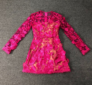 Rose red floral lace Long Sleeve Mini Dress