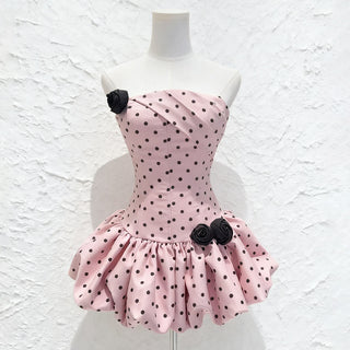 Polka Dot Strapless flower Corset Puff Mini Dress In Pink