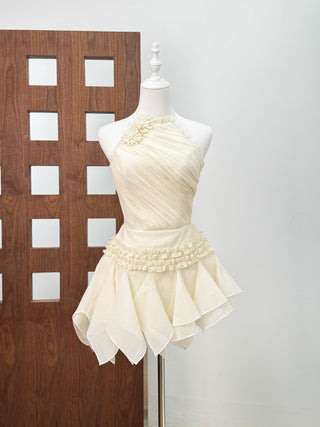 astrid Halter neck 3D flower lace puffy mini dress in white