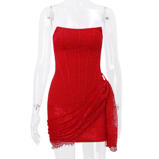 red Strapless Bandage Backless Floral Lace Corset Tube mini Dress