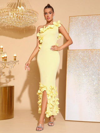 alma 3d flower one-shoulder bodycon maxi dress in yellow