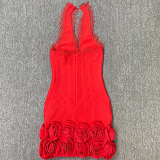 louise Halter Neck Flower Bandage Mini Dress in red