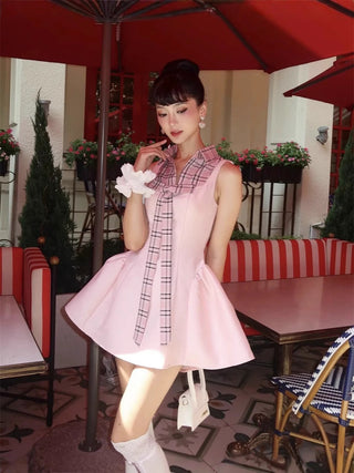 Checked Shirt Collar Sleeveless Puffy mini Dress in pink