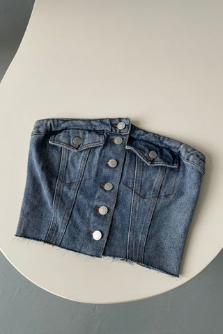 8-button denim tube top in blue