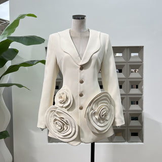 amanda Long Sleeve Button Up Flower Blazer in beige