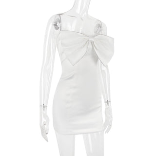 SATIN CRYSTAL EMBELLISHED BOW DRESS IN WHITE