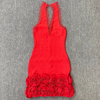 louise Halter Neck Flower Bandage Mini Dress in red