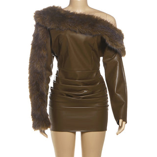sibyl Leather fur collar asymmetrical mini dress in brown