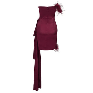 burgundy feather embellished strapless mini dress