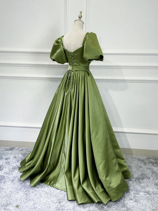 Green satin maxi prom dress