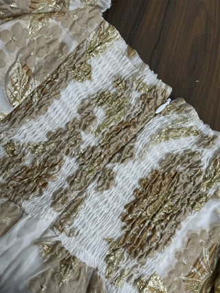 gold jacquard square neck puff sleeves puffy mini dress