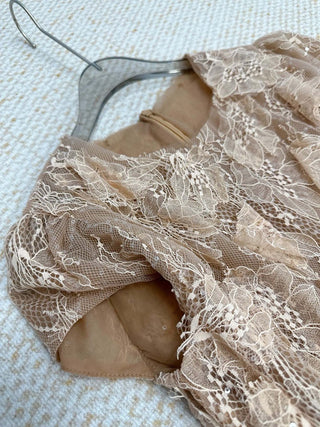 elvira Sequin lace crochet patchwork mesh maxi dress in brown