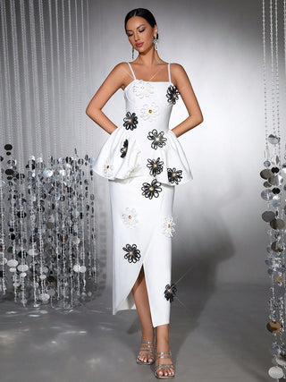 white bodycon midi dress Bandage elastic sling with handmade flower