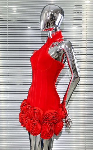 louise Halter Neck Flower Bandage Mini Dress in red