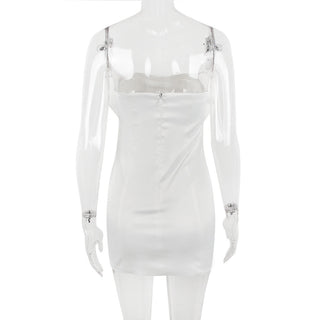 SATIN CRYSTAL EMBELLISHED BOW DRESS IN WHITE