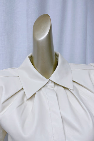 White lapel collar leather puff sleeves mini dress