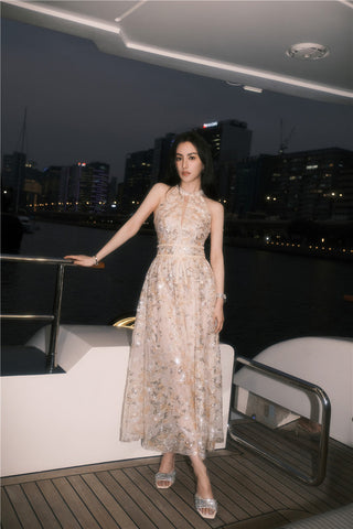 Gold Couture with Floral Embroidery Sequin Banquet Dress