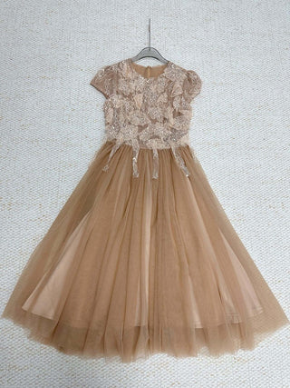 elvira Sequin lace crochet patchwork mesh maxi dress in brown