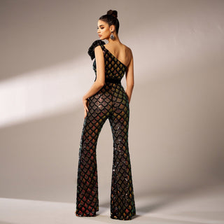 Mermaid Scale Floral One-Shoulder Sequin Jumpsuit