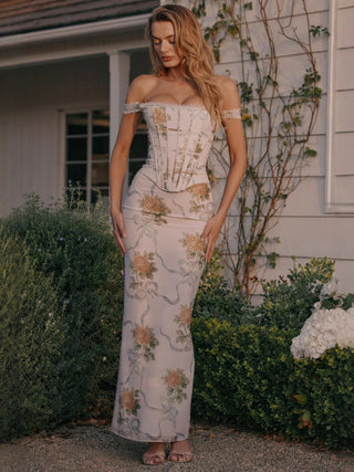 phoenix white Floral Print Fitted Corset Maxi Dress