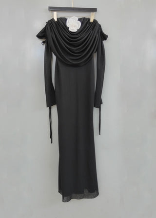 lila flower embellished pleated strapless maxi dress in black