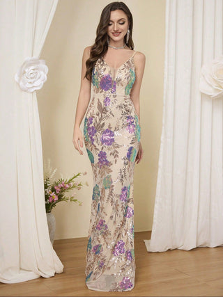 athena floral sequin bodycon maxi dress in apricot