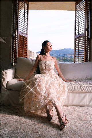 Leah White/Beige Sleeveless  Flower Dress