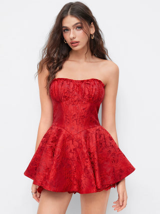 Jacquard Floral Lace-up Mini Dress in red