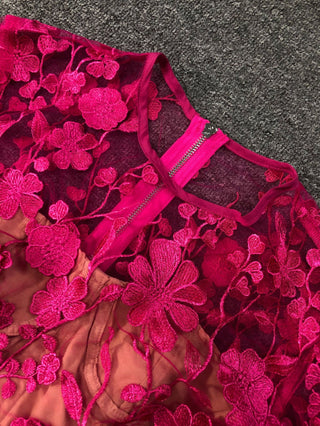 Rose red floral lace Long Sleeve Mini Dress