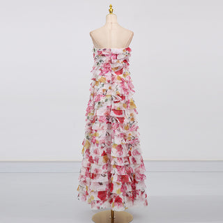 cathy floral print Pleated layer strapless maxi dress in pink