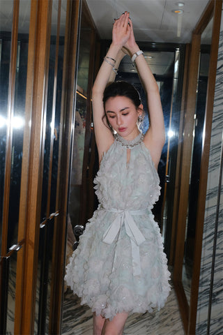 Pastel Green Ribbon Floral wedding guest bridal Dress