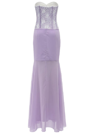 sigrid 3d flower strapless fishtail maxi dress in purple