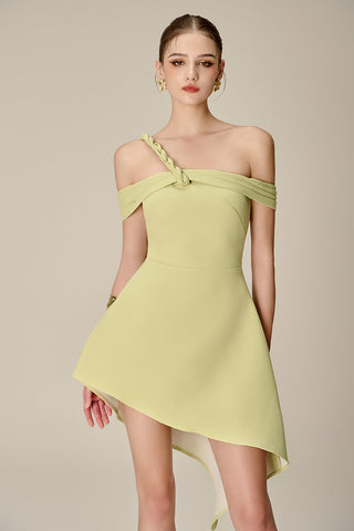 anila Asymmetric Off-Shoulder Mini Dress in Nuggets Green