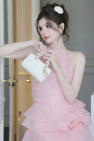 3d flower halter ruffle layer mini dress in pink