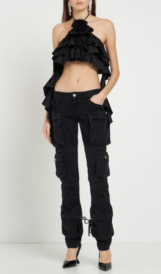 RUFFLE-DETAIL HALTER CROP TOP IN BLACK DRESS STYLE OF CB 