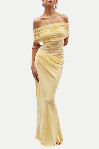 Reanko Off Shoulder Ruched Mesh Maxi Dress - Yellow