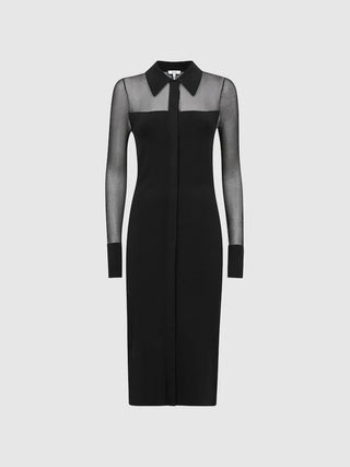 sheer knitted button-through midi dress in black