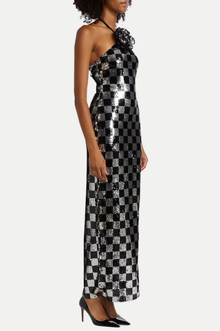 Amaury Checkered Flower Seuiqn Halter Maxi Dress