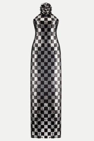 Amaury Checkered Flower Seuiqn Halter Maxi Dress