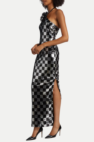 Amaury Checkered Flower Seuiqn Halter Maxi Dress