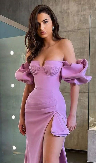 STRAPLESS DRAPED SLEEVE SLITS BANDAGE DRESS IN PURPLE