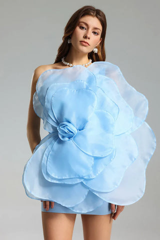 3D Voluminous Organza Floral Mini Dress - Blue