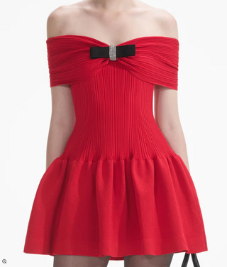 RED KNIT BOW MINI DRESS