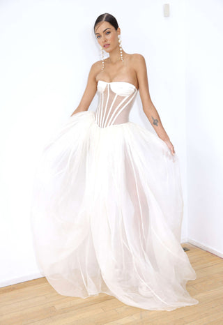 Strapless Corset A Line Maxi Dress White