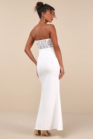 Sultry Persona White Lace Strapless Bustier Mermaid Maxi Dress